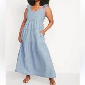 Old Navy Denim Tiered Cap sleeve fit flare all day maxi dress Womens S milkmaid